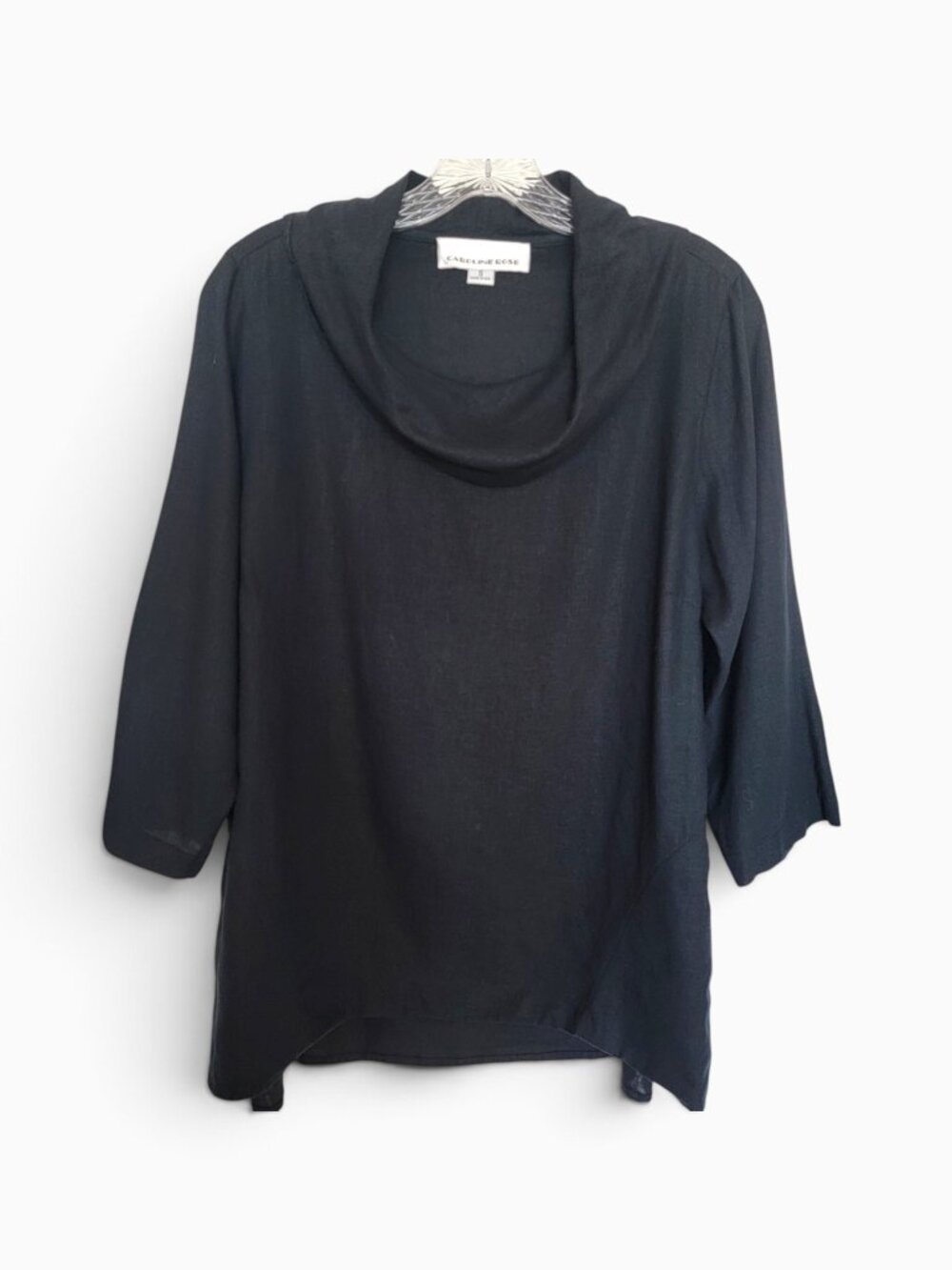 Caroline Rose Black Linen Tencel Cowl Neck Tunic Sz S Relaxed Lagenlook USA